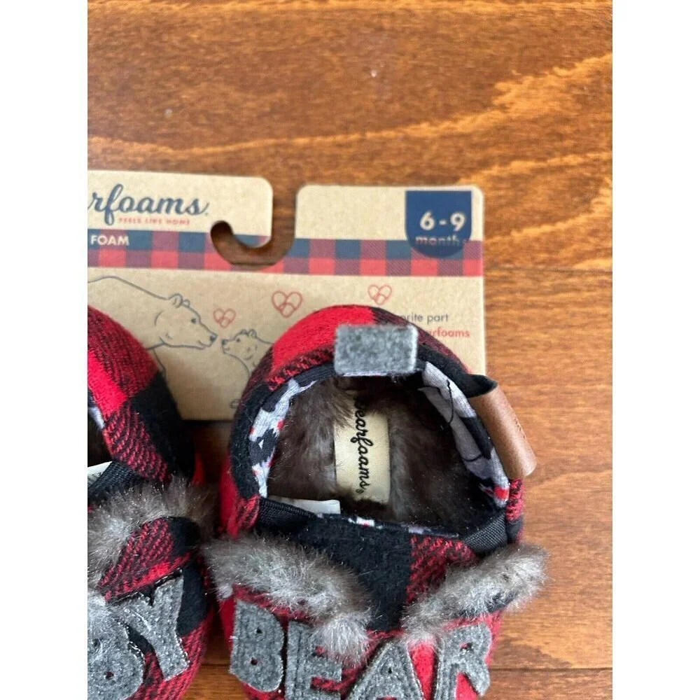 Dearfoams‎ Christmas Red Plaid Baby Bear 6-9 Months Infant Slippers NEW
